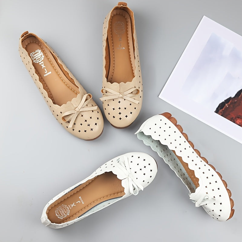 Stylish Womens Bowknot Flat Shoes with Breathable Hollow Out Design for Comfortable All-Day Wear.