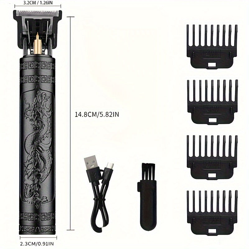 USB rechargeable hair clippers for men with guide combs for precise haircuts.