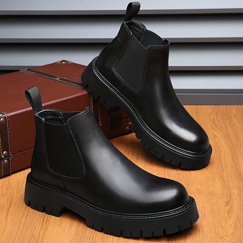 Men's Winter Boots - Fleece-Lined Slip-On Ankle Boots with Round Toe & Rubber Sole, Black Synthetic