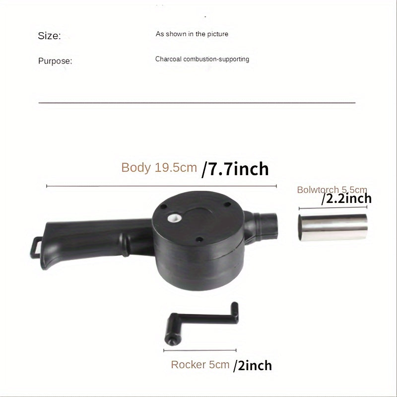 Handheld manual BBQ blower made of durable plastic for outdoor cooking.