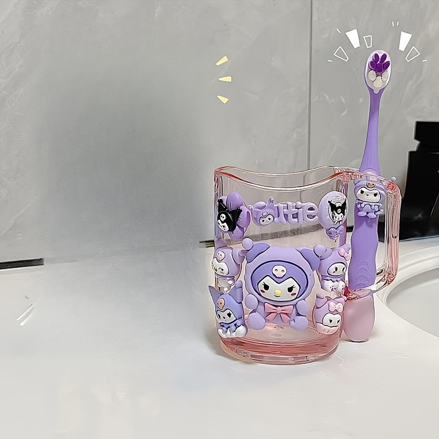 2pcs Sanrio Cute Cartoon Kuromi, Melody toothbrush holder set made of durable PP material for both men and women. Includes mouthwash cup and toothbrush.