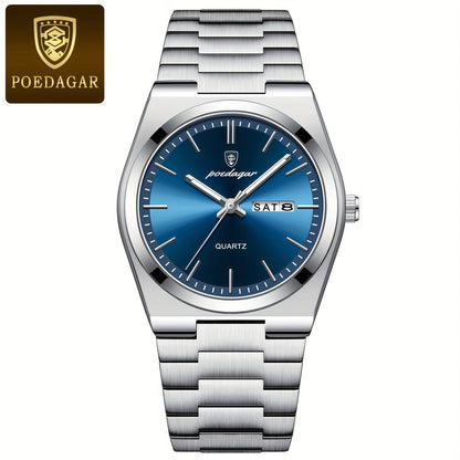 POEDAGAR Men's Luxury Stainless Steel Quartz Watch with Luminous Calendar Feature, Business & Casual Style