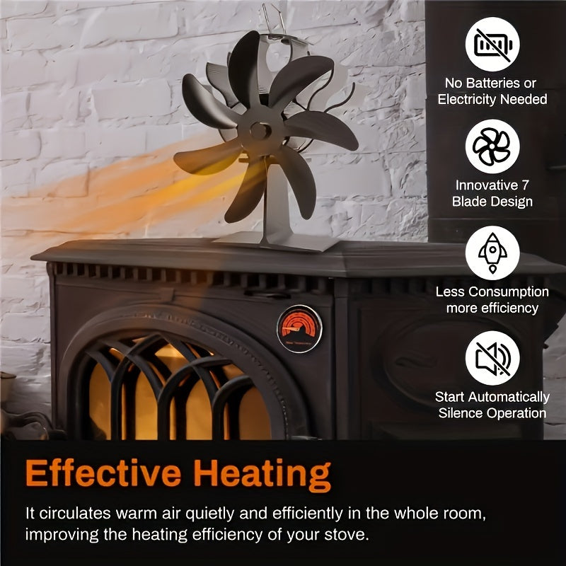 7-Blade Aluminum Stove Fan for Fireplace Wood Burner Decor, Heat Powered Blower with High-Velocity Air Circulation - Silent Operation, Accessory for Efficient Heat Distribution and Multiple Components Included, No Electricity Required