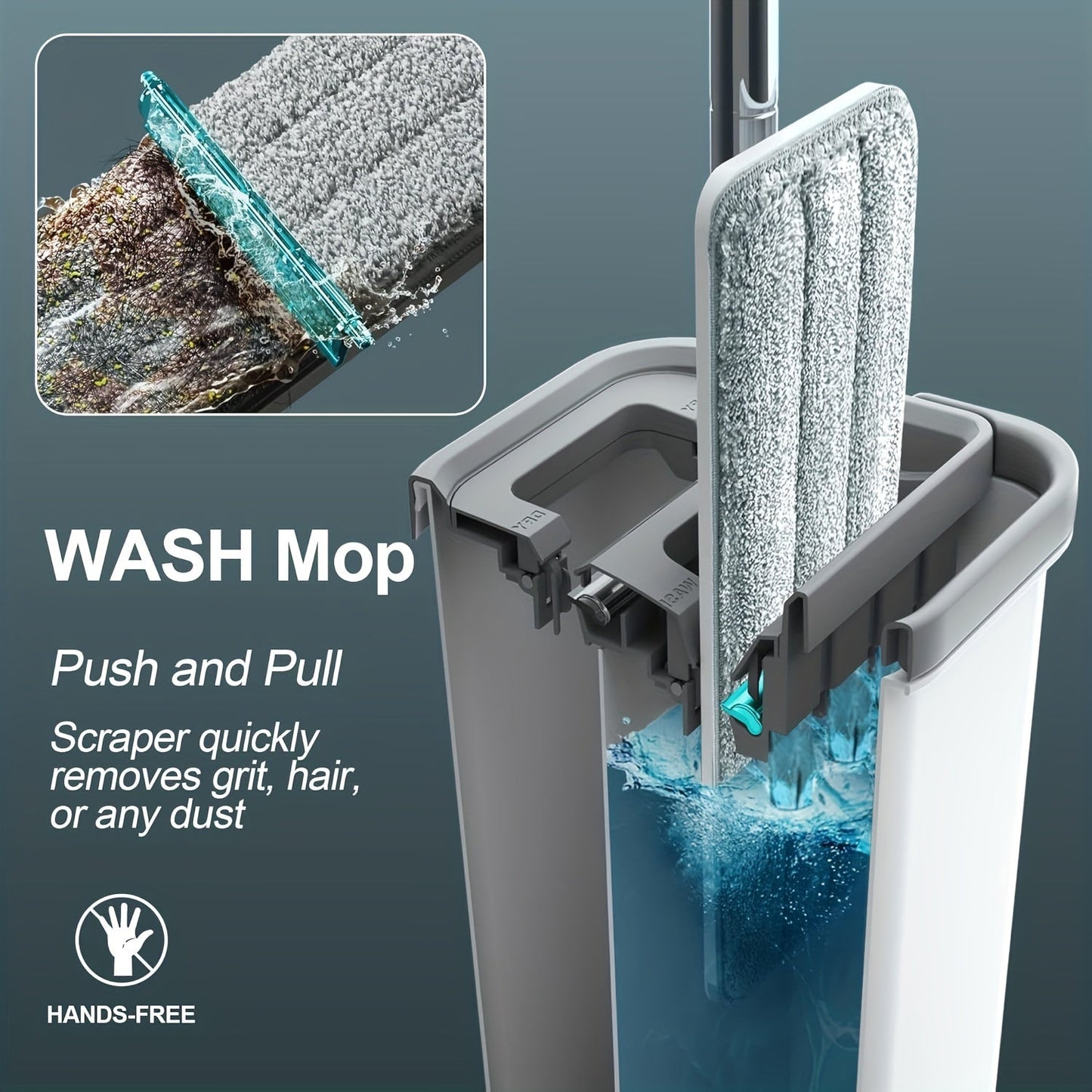 Flat Mop and Bucket System with Squeegee and Hands-Free Design for Easy Home Cleaning - Includes 2 Reusable Microfiber Pads for Floor and Wall Cleaning.