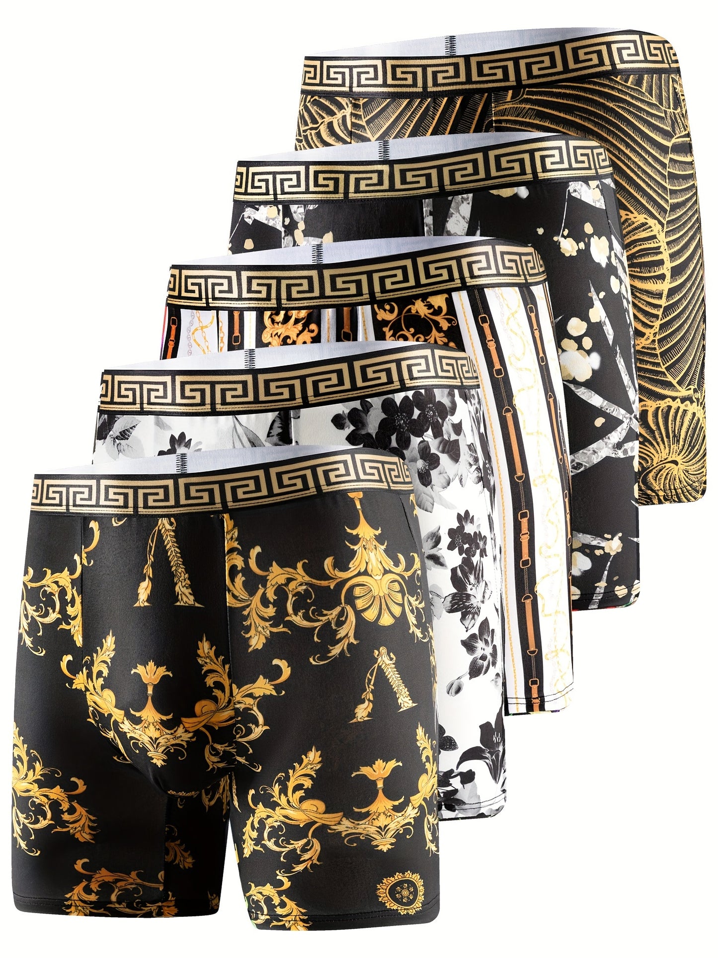 5pcs Men's Geometric Pattern Boxer Briefs - Stylish, Breathable, Stretch Polyester Underwear with Golden & Black Designs | Bold Fashion Statement | Elastane Fabric