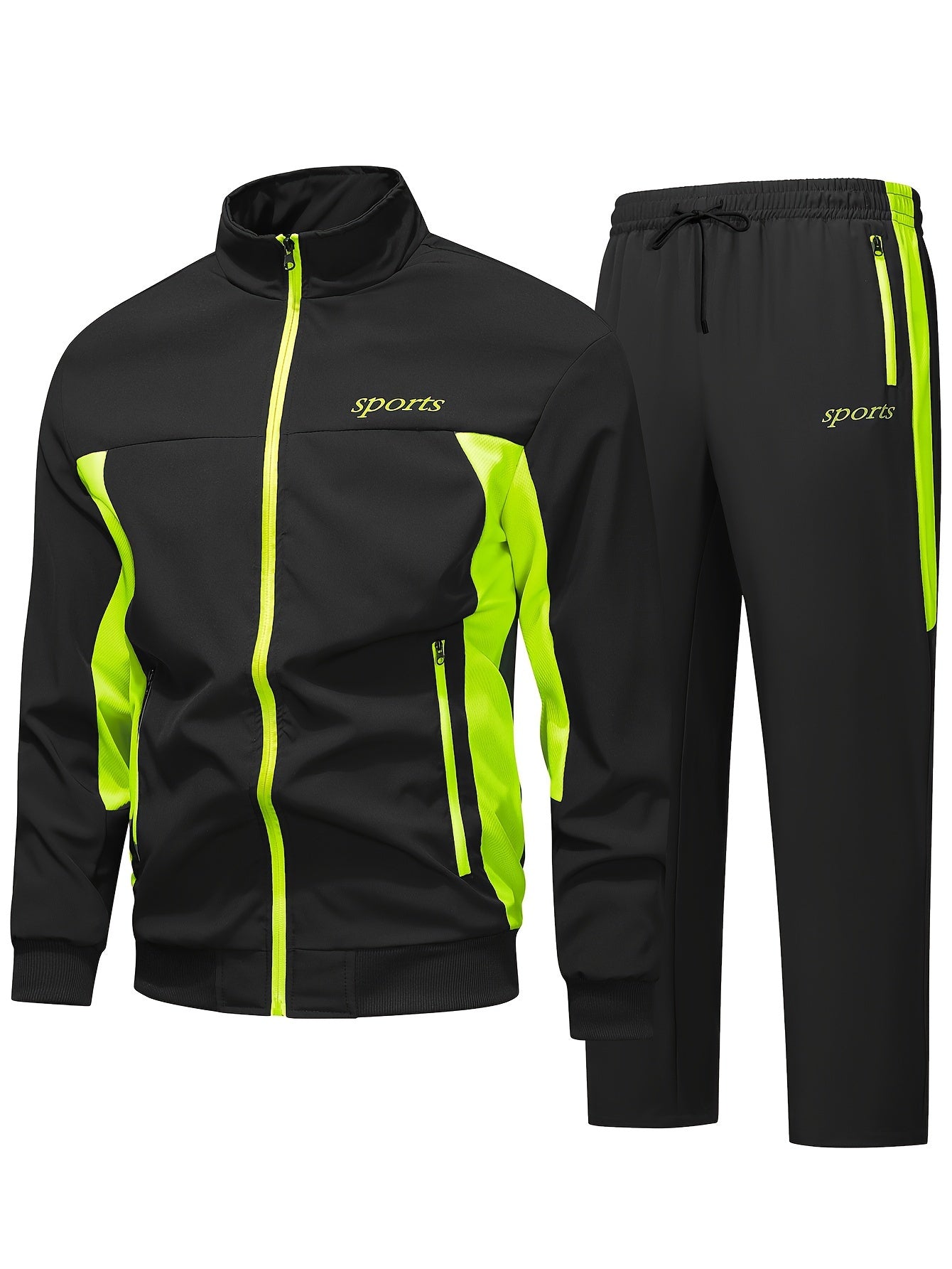 Men's Polyester Sports Tracksuit Set with Collared Neck. Includes Full-Zip Jacket and Sweatpants with Pockets and Patchwork Design. Made with Slight Stretch Fabric for Spring/Fall. Regular