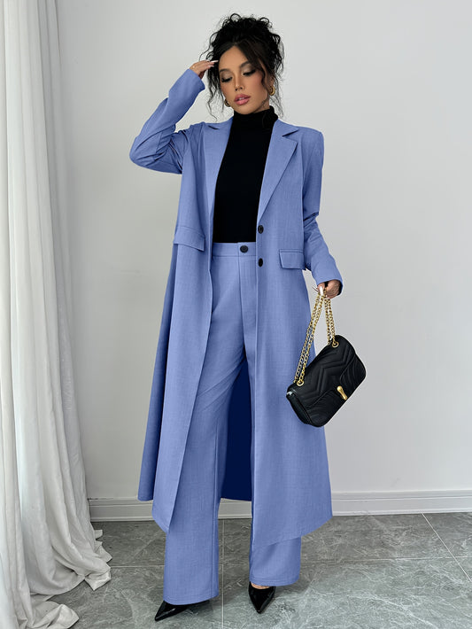 Women's straight-leg suit pants set with long blazer, notched lapel, and solid color polyester outfit for spring/autumn - machine washable.