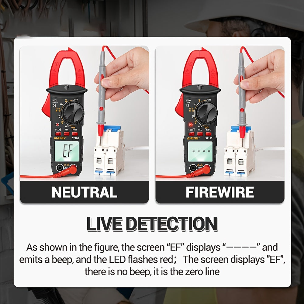 1 Set Clamp On Multimeter Ammeter Set with Measuring Pen, Flashlight, ST180 4000 Count, Buzzer, Measuring Current, Voltage, Capacitance, Resistance, NVC Detection, Diode Continuity, Duty