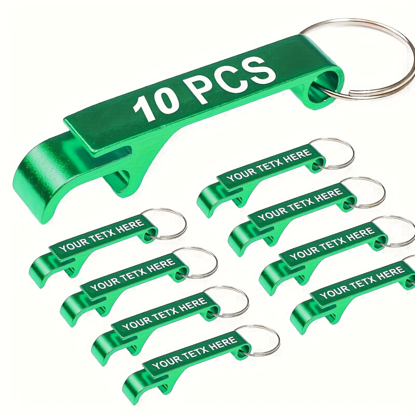 10 custom metal bottle opener keychains for parties and celebrations, durable for kitchen and restaurant use without batteries.