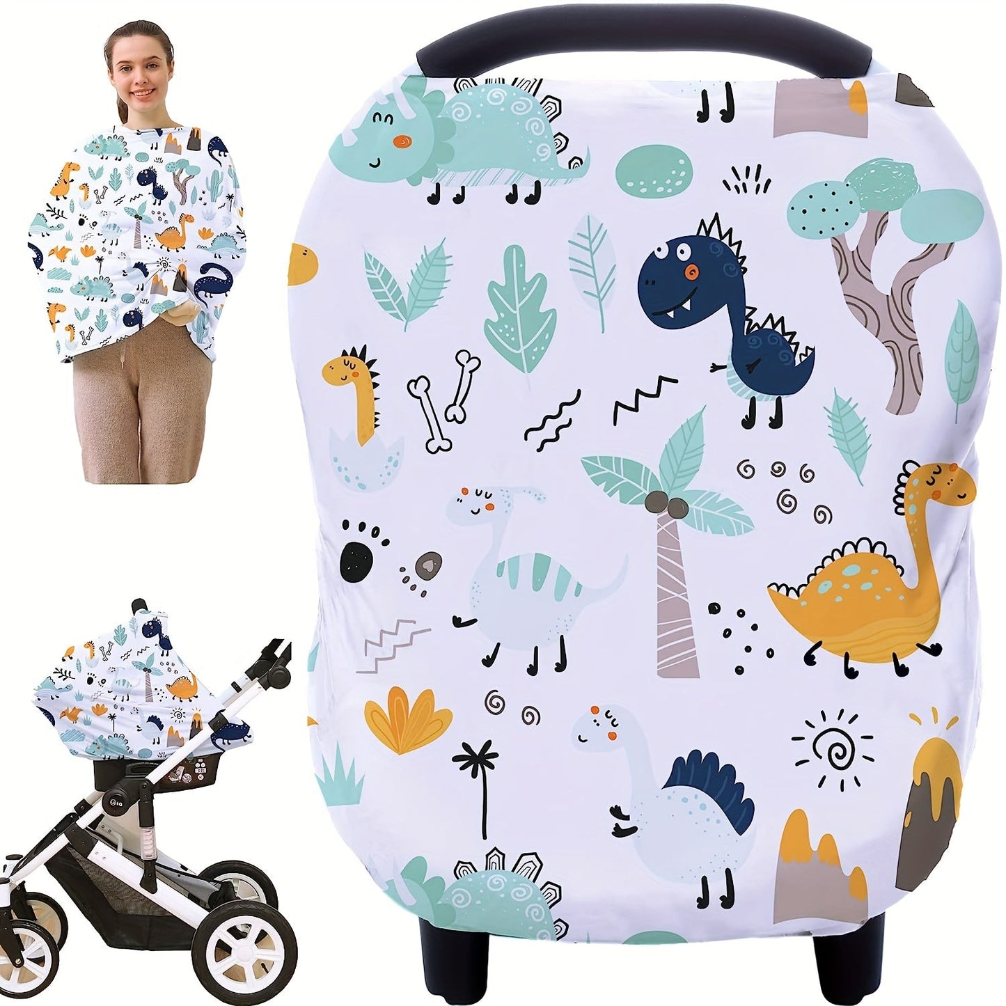 Cover your shopping cart, car seat, and breastfeed in style with the Dinosaur-themed Multi-Use Stretchy Cover for Breastfeeding and Grocery Trolleys.