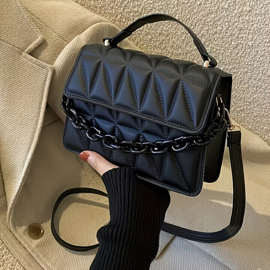 New fashionable and versatile small shoulder bag with chain decoration for women, in a pure-color textured design. Features a simple diamond-lattice pattern and can be worn as a handheld