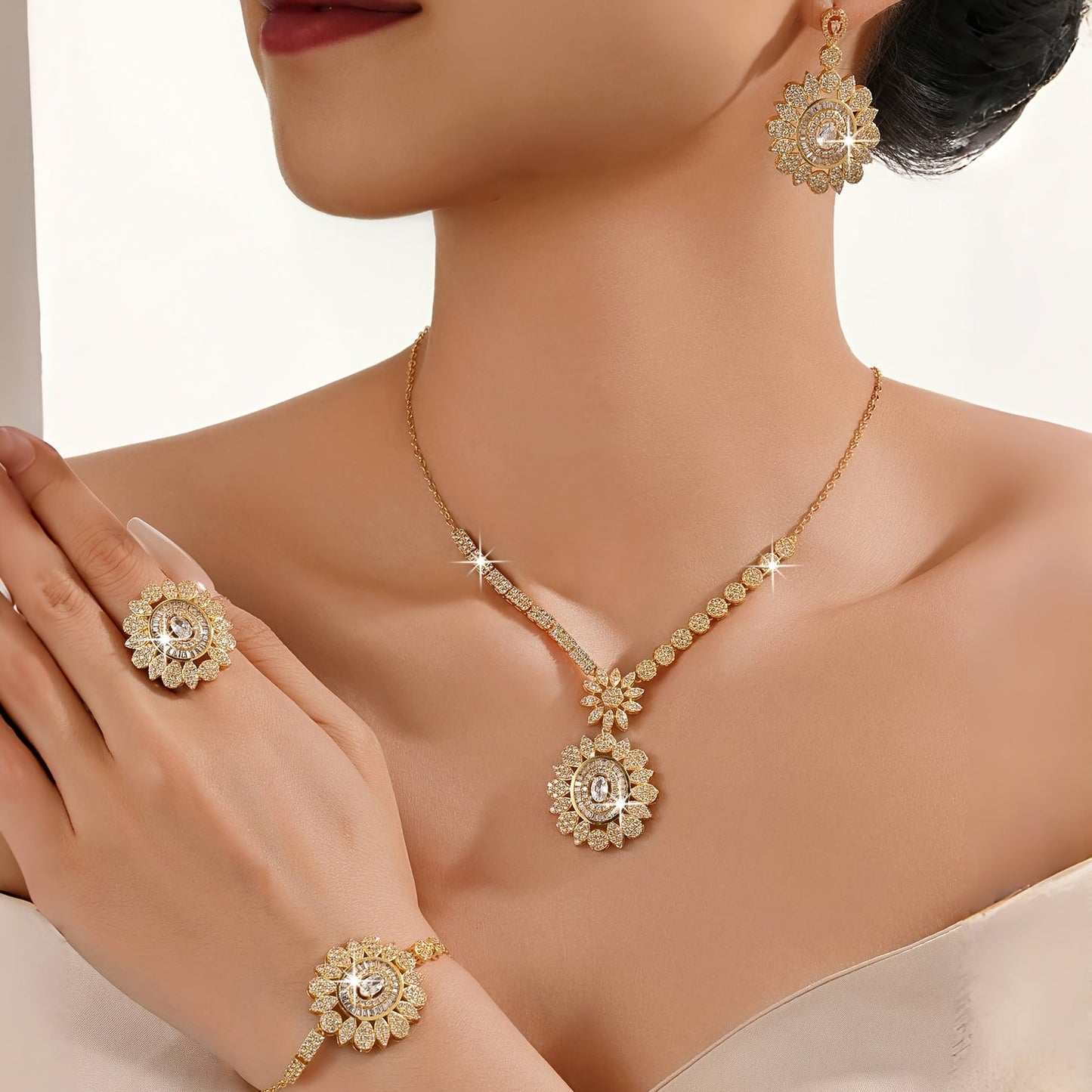 Luxurious Sunflower Design Bridal Jewelry Set, 5 Pieces, Made with 18K Gold-Plated Copper and Natural Zirconia, Synthetic Stones. Perfect for Daily or Wedding Wear, Great Gift for Loved Ones.