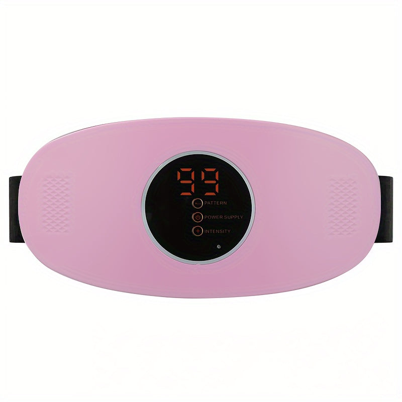 Rechargeable waist massager with vibration and elastic belt, USB charging included.