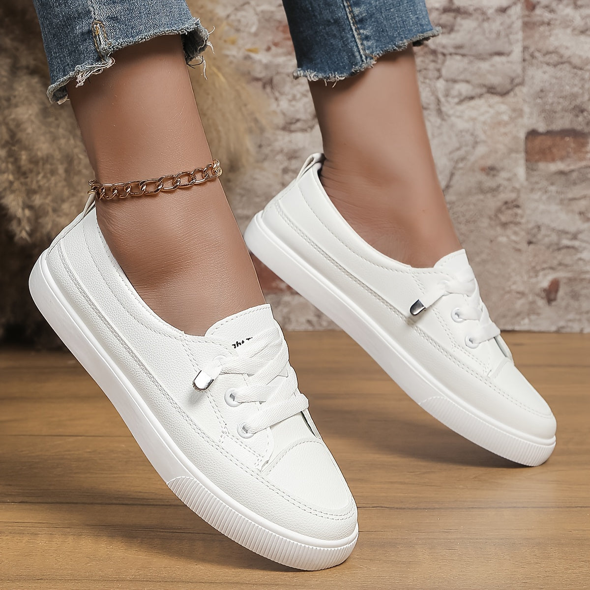 Women's casual flat white sneakers - versatile and easy to wear.