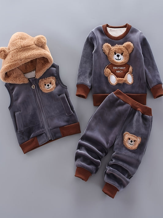 Boys' 3-piece fur-face bear pattern outdoor set for winter/fall.