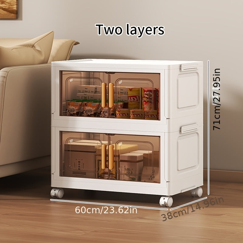 Foldable storage cabinet (46.99cm x 29.21cm) made of waterproof plastic with magnetic closure. Ideal for living room, kitchen, and bedroom. Features wheels for easy mobility. Can be used as