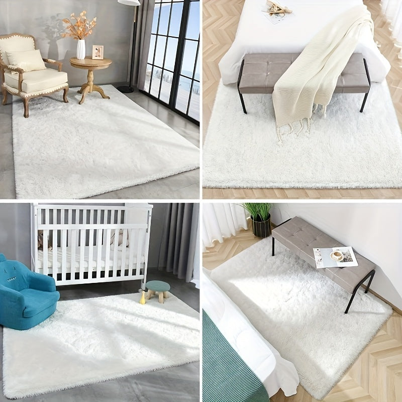 Soft and fluffy bedroom rug - shaggy plush area rug for teens' college dorm, living room, home decor. White floor carpet.