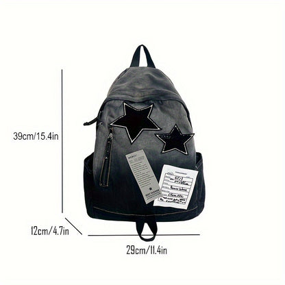 Punk Goth Denim Backpack with Star Patch, Zip Closure, Multiple Compartments, Large Capacity for Students & Everyday Use