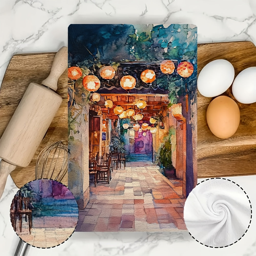 Two pieces of kitchen towels featuring an "Enchanting Lantern-Lit Courtyard" design. These ultra soft towels are highly absorbent, machine washable, and have a contemporary style. Measuring 40.64x60.96 cm, they are perfect for holiday decor.