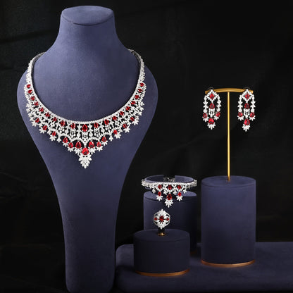 Elegant and fashionable women's jewelry set perfect for brides, weddings, banquets, and all-year wear. This luxury set includes a bracelet, necklace, ring, and earrings, ideal for a luxurious wedding or vacation look. Targeted for Ramadan and stylish