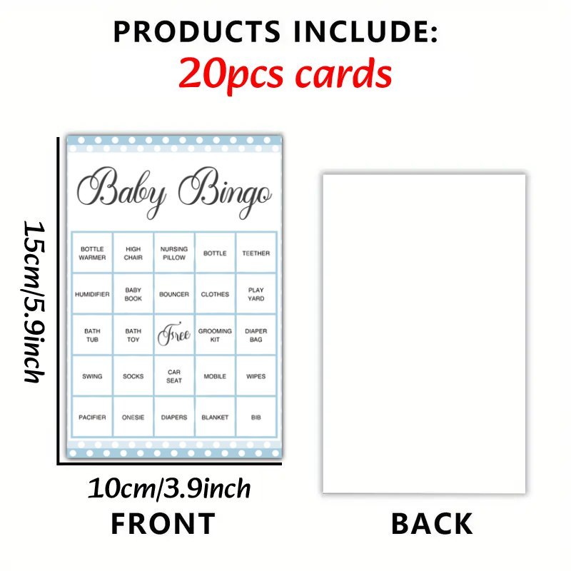 20 pack of blue polka dot design baby shower bingo game cards - a fun and interactive activity for family and friends. Perfect for celebrating with your loved ones, these English language party supplies are sure to make the baby shower a memorable event.