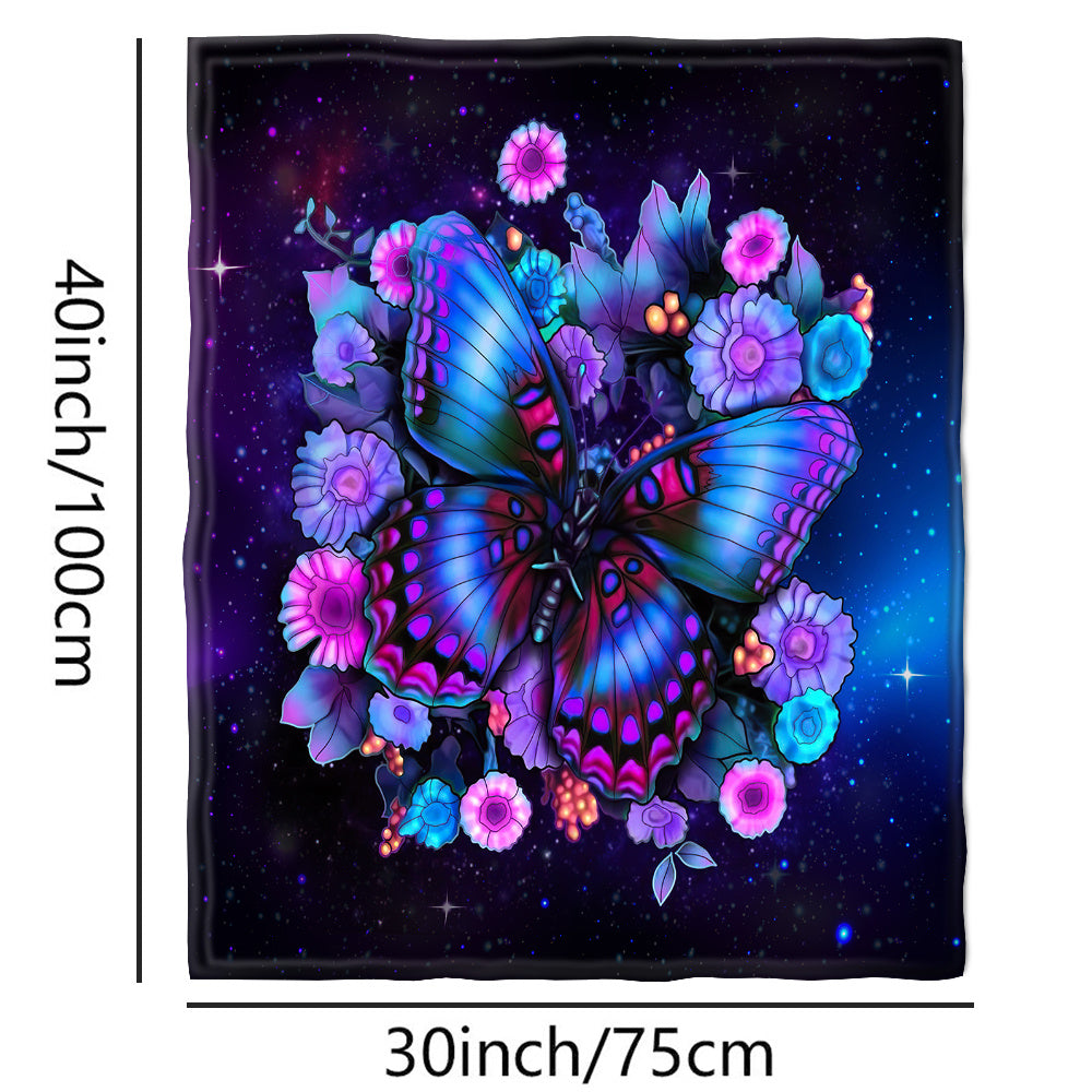 One piece of a purple floral butterfly blanket with digital printing, made from cozy lightweight flannel material perfect for sofa, bed, travel, and camping. This fleece throw blanket is ideal for living rooms, offices, couches, chairs, and beds.