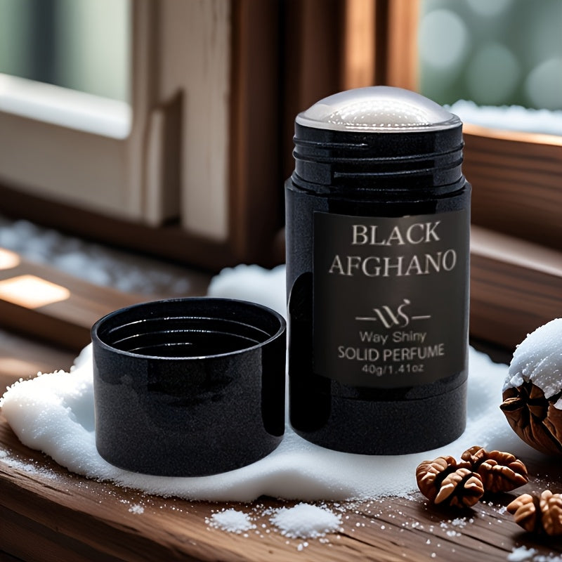 Black Afghano Men's Solid Perfume Stick with Natural Woodsy Fragrance, Long-Lasting Scent, 40g/1.4oz, Plant-Based Ingredients, Sleek Black Design, Ideal for Everyday Use