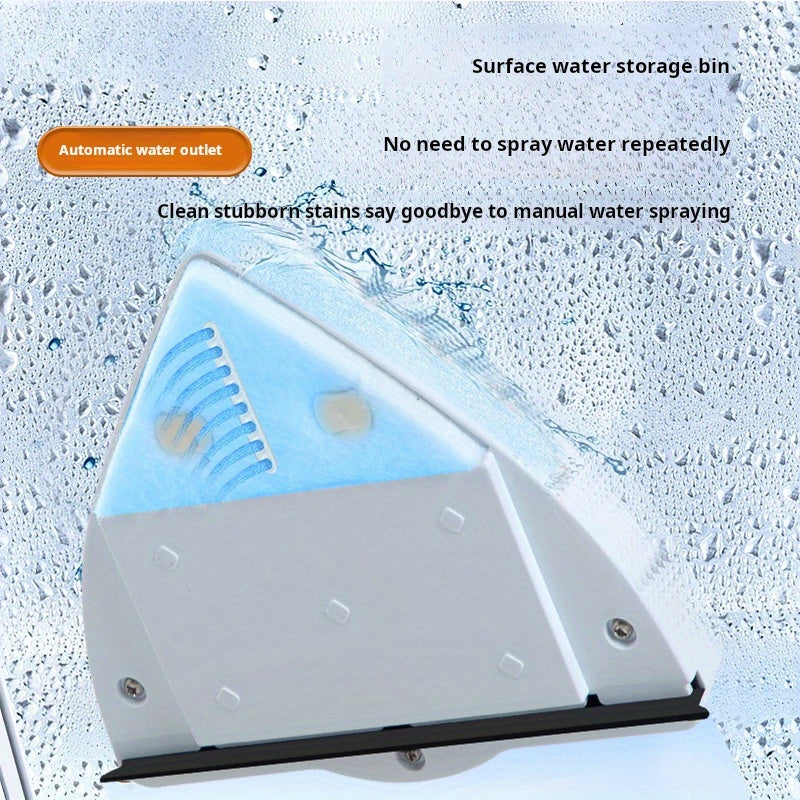 Magnetic window cleaner with water storage, plastic squeegee, and dust collection for glass surfaces in various rooms and vehicles, including high-rise buildings.