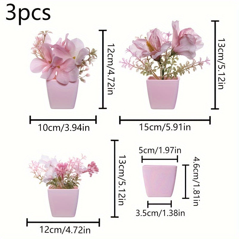 3-5 mini artificial potted pink flowers in plastic square pots, perfect for indoor décor on desks or bookshelves.