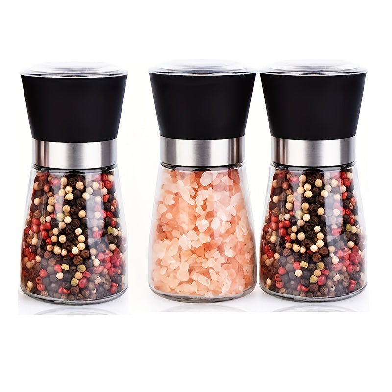 Set of 2 Reusable Glass Pepper and Sea Salt Grinders - Manual Spice Crushers for BBQ, Picnics, Camping, Kitchen Gadgets, and Back to School Supplies Kitchen Accessories