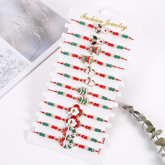 Holiday season Charm Bracelet Set featuring Santa, Reindeer, and Bell Designs with Natural Beads - Ideal for Couples, Men, Women, and Youngsters. Includes Holiday Tree and Woven styles. Contains 12 pieces.