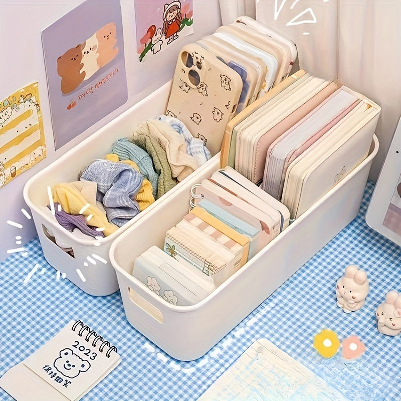 2 White Plastic Storage Bins for Kitchen, Bedroom, and Bathroom Organization.