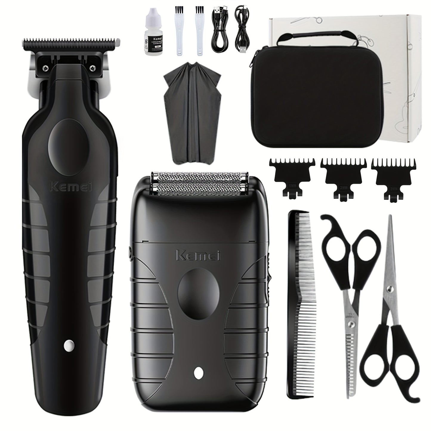 Kemei Professional Electric Hair Clipper Set in Black, Multi-piece, USB Rechargeable, Beard Trimmer, Styling Tools