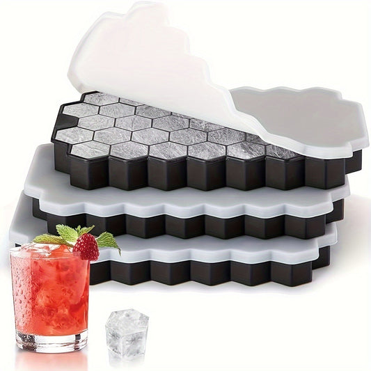 Silicone Ice Cube Tray with Lid - 37 Hexagonal Cubes, Stackable Design, Easy to Release, Ideal for Whiskey and Cocktails, Great for Holiday Parties like Halloween and Christmas