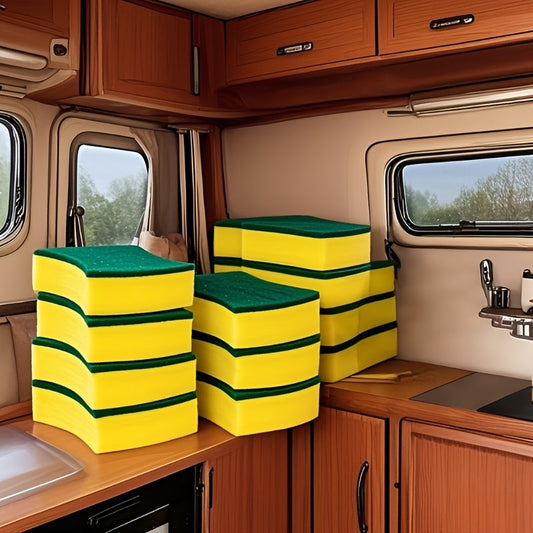 Polyurethane Dual-Sided Cleaning Sponges, in packs of 10, 12, or 24. Yellow-Green color, offering strong decontamination for use outdoors, in the kitchen, on the patio, and on furniture.