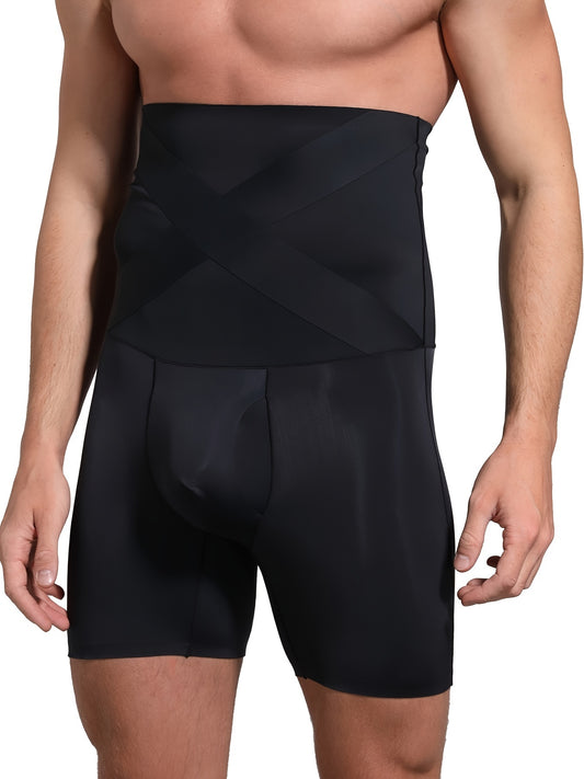 High-waist slimming shapewear shorts for men, made of nylon and elastane. Machine washable with a solid color and sporty style.