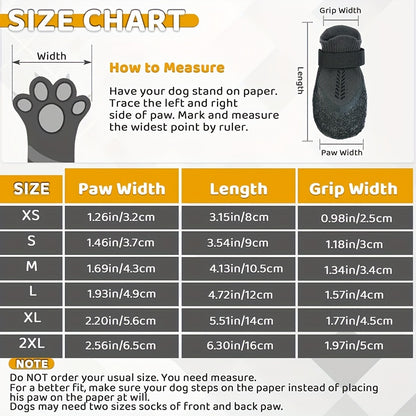 Set of 4 Waterproof Dog Shoes for all seasons, suitable for small to extra large breeds. Adjustable, breathable, and durable with slip-resistant soles. Machine washable polyester, rubber