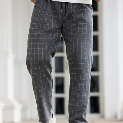 Men's Comfortable Plaid Sleep Pants with Drawstring, Machine Washable Polyester, Black & White Grid Pattern