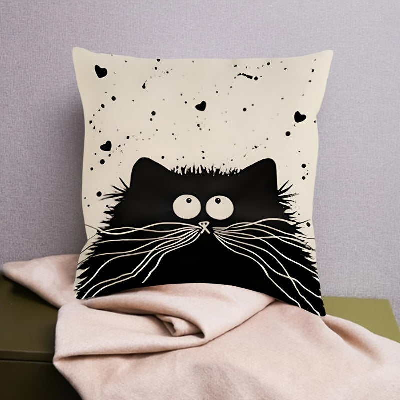 Soft and durable cushion cover featuring a whimsical cat design on both sides. Perfect for cat lovers and home decor enthusiasts. Easy to care for with a zip closure. Cushion not included.