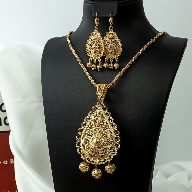 Vintage Luxury Double Layer Pendant Necklace and Earrings Set, 24K Golden Plated Zinc Alloy with Traditional Algerian Filigree Carving. Perfect for Weddings, Gifts, and Ramadan Holidays. Suitable for all Seasons. Ideal Bridal Jewelry Set.