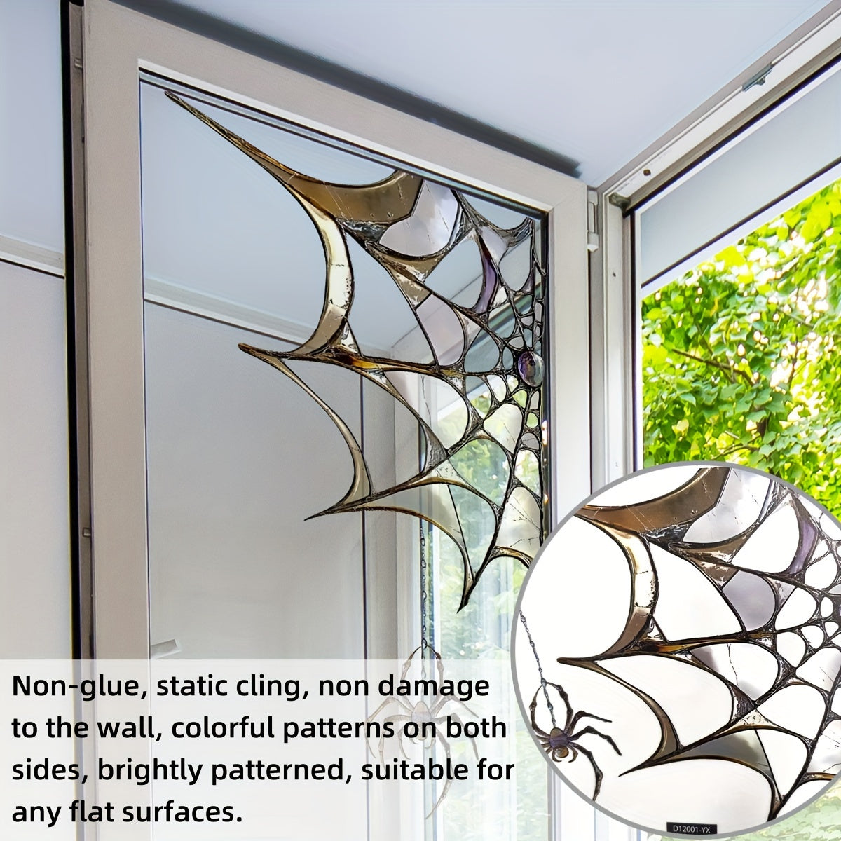 Halloween-themed Spider Web Window Film Decal, with a modern twist. Made from Static Cling PVC material that is reusable and easy to apply. Featuring a 5mil thickness for durability, this decal showcases a striking Spider and Web Design with double-sided