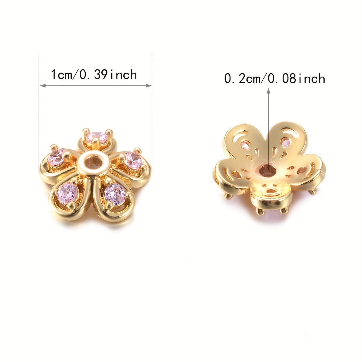 Brass Flower Bead Caps with Synthetic Cubic Zircons - Set of 20 pieces in a bag, including 10mm, 8mm, and 6mm sizes. Perfect for creating stunning jewelry pieces.