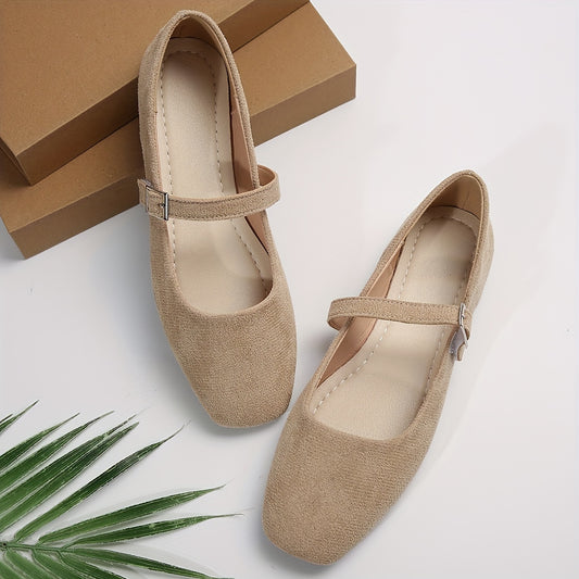 Women's comfortable flat shoes with square toe and buckle strap in solid color.