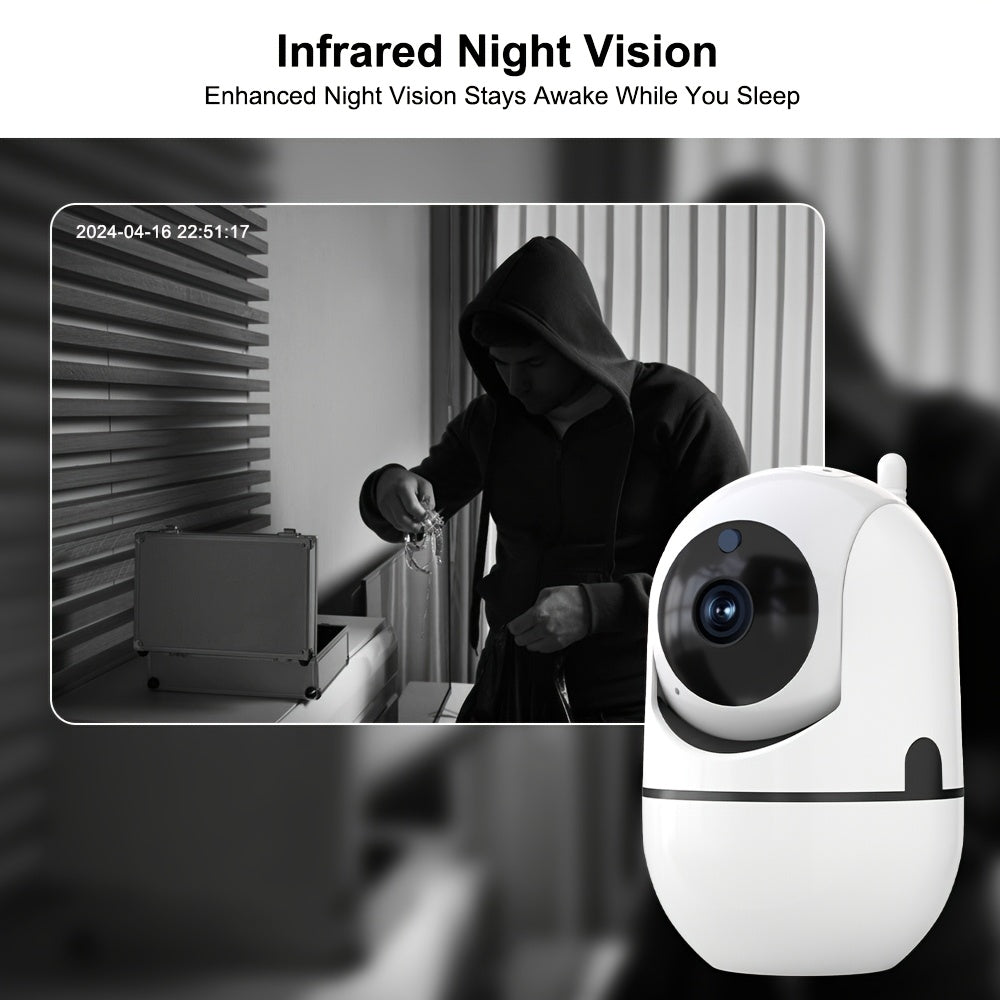 The WJG HD 1080P Wireless Security Camera offers AI Smart Human Tracking, Motion Detection, Alarm Push notifications, PTZ capability, Two-Way Audio communication, for both indoor and outdoor use. It is USB powered and compatible with smartphones.