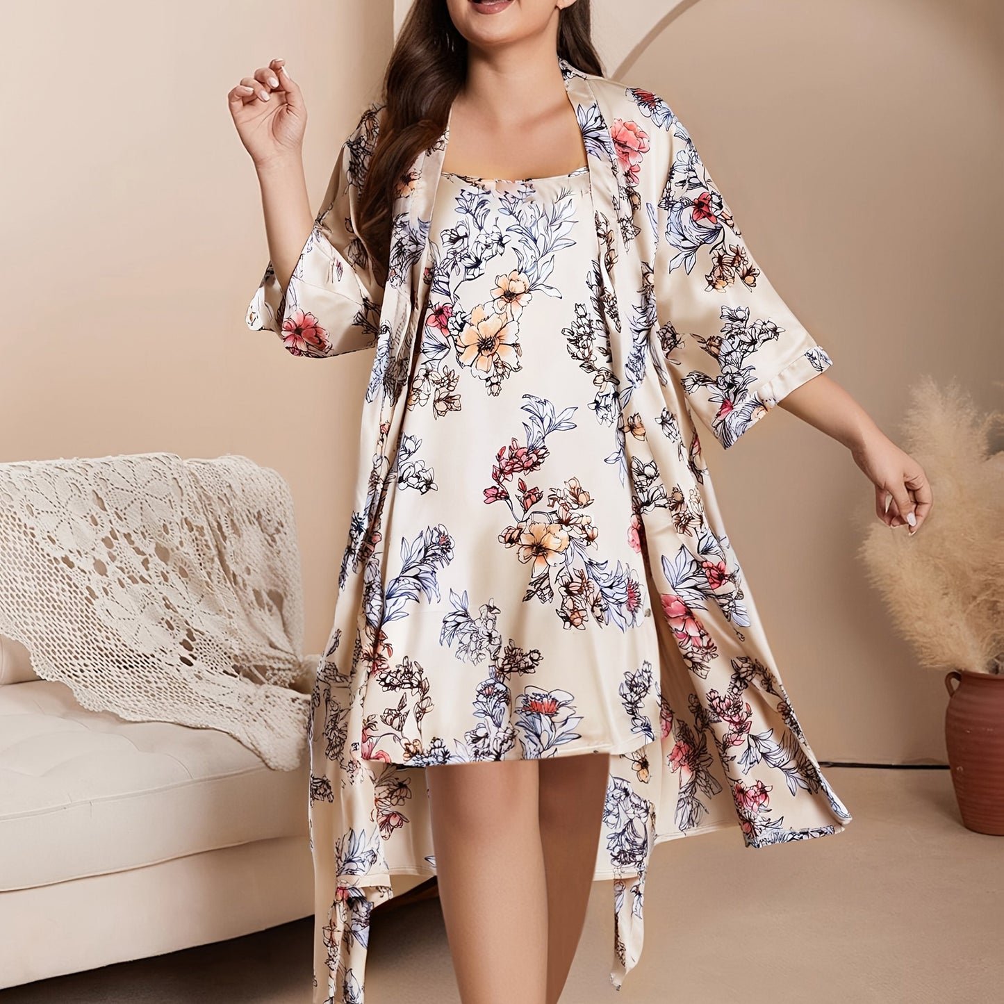 Plus Size Elegant Pajama Set with Satin Leopard Print Robe and Cami Dress.