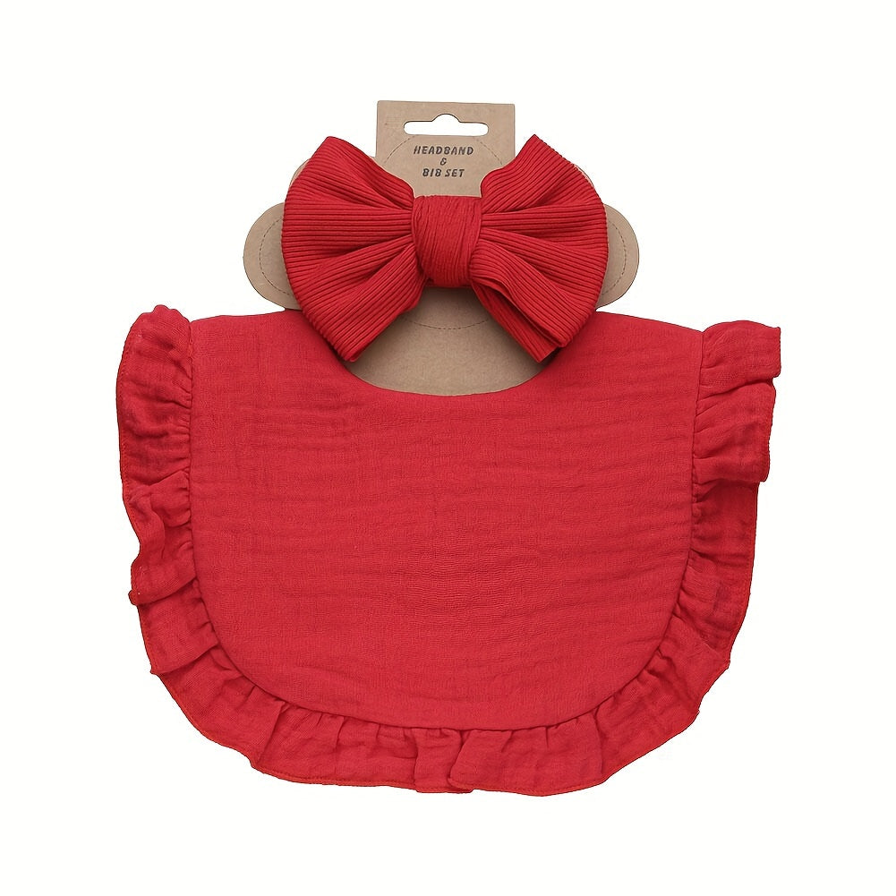 Set of 2 includes a lotus leaf bib and an elastic bow headband. The set also includes a plain color soft bib with snap button closure.