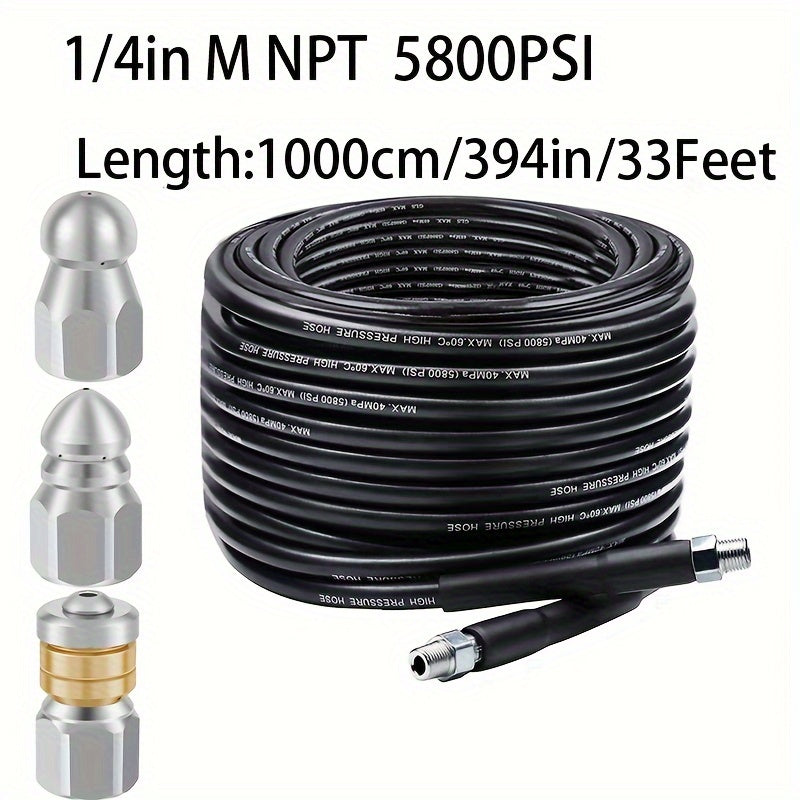 1 Set Sewer Jetter Kit with 5800PSI Cleaner Hose and 3 Pack 5000PSI Nozzles for Pressure Washer Drain.