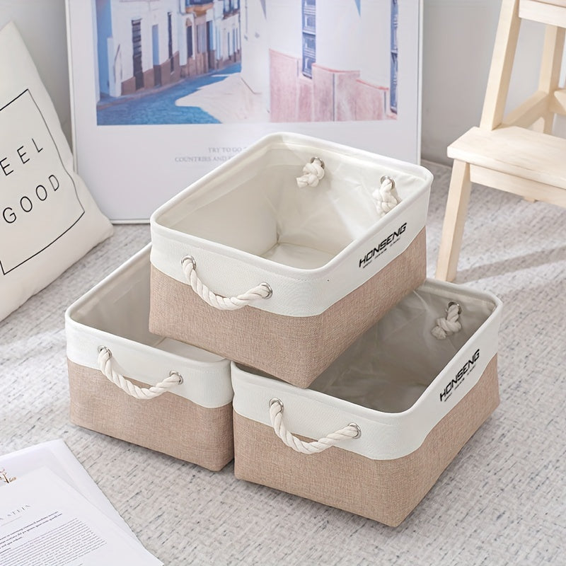 Set of 3 Large Linen Storage Baskets - Stylish Golden Organizers for Clothing, Books, Toys & Supplies - Ideal for Organizing Shelves