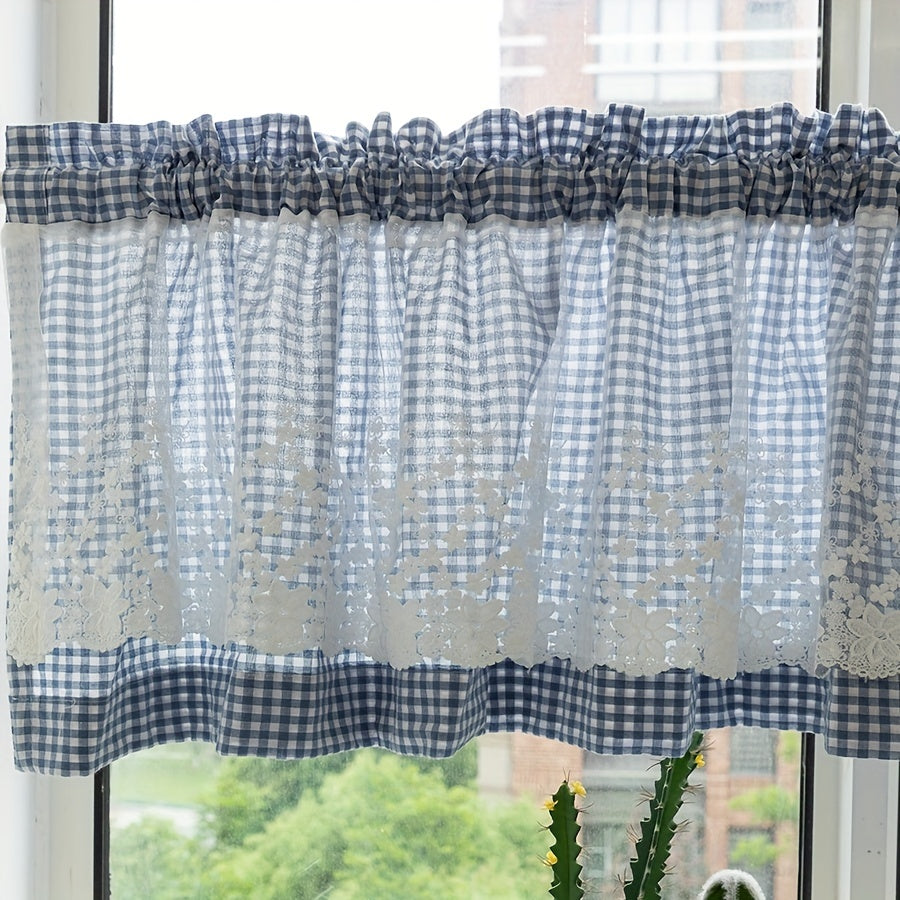 Add a touch of pastoral charm to your living room, kitchen, or cafe with this beautiful blue plaid short curtain featuring delicate lace detailing and a convenient rod pocket design.