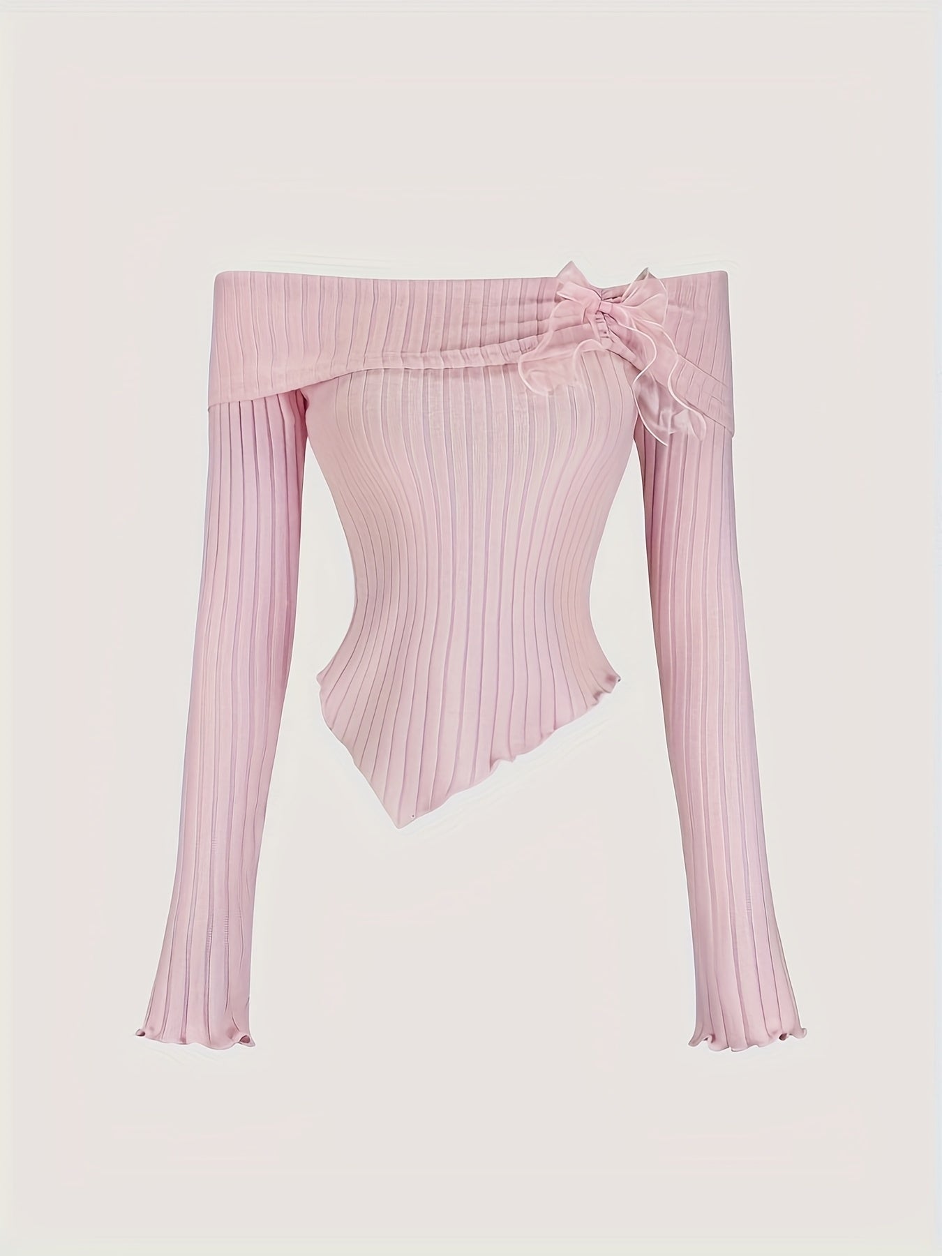 Women's off-shoulder pink knit top with bowknot, lettuce hem, and preppy style. Machine-washable, suitable for all seasons and school wear. Made of polyester spandex blend.